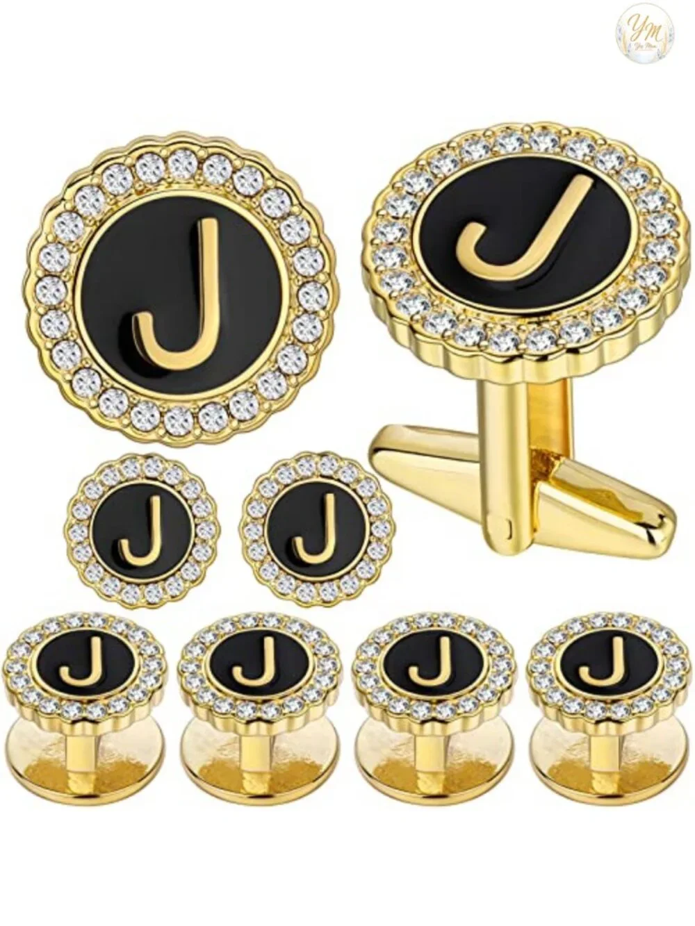 18K Gold Tone Initial Cufflinks for Men with Tuxedo Studs - Gift Boxed Formal